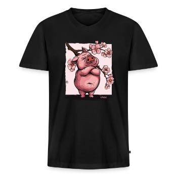 Offended Japanese Sakura Flowers Pig - Men's Premium Organic T-shirt with V-neck - black - Front - Nico (187cm)