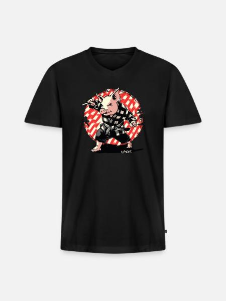 funny checkered martial arts pig - Men's Premium Organic T-shirt with V-neck - black