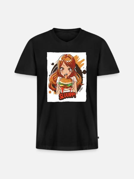 Anime-Mädchen liebt große Burger - Männer Premium Bio T-Shirt mit V-Ausschnitt - Schwarz
