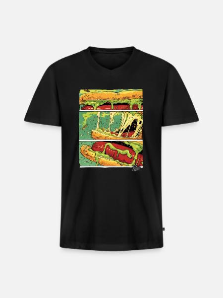Comic-Panels: Käse-Monster-Wurst im Brötchen - Männer Premium Bio T-Shirt mit V-Ausschnitt - Schwarz
