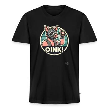Schwein mit Maske: Daumen hoch und "Oink" - Männer Premium Bio T-Shirt mit V-Ausschnitt - Schwarz - Vorne - Nico (187cm)