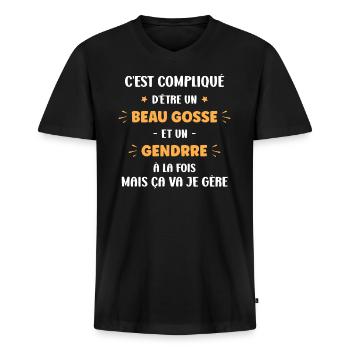 Beau gosse gendre - T-shirt encolure en V Premium bio Homme - noir - Devant - Nico (187cm)