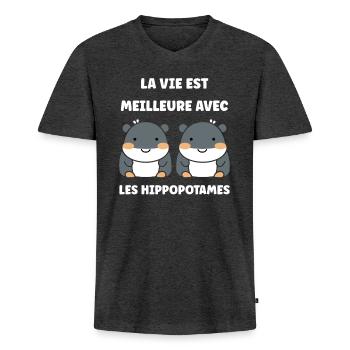 amour petit hippopotame - T-shirt encolure en V Premium bio Homme - anthracite chiné - Devant - Nico (187cm)