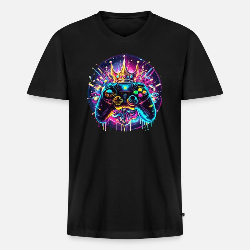 Synthwave Gamer Controller mit Krone - Männer Premium Bio T-Shirt mit V-Ausschnitt - Schwarz