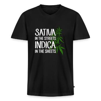 Sativa In The Streets Indica In The Sheets - Men's Premium Organic T-shirt with V-neck - black - Front - Nico (187cm)