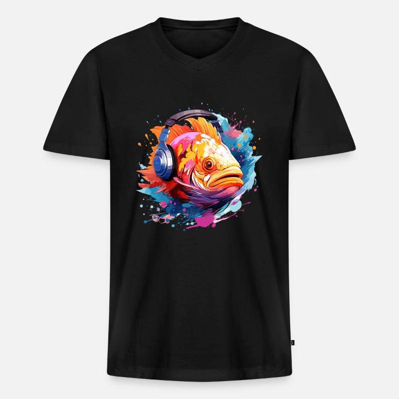 Fisch mit Kopfhörern - Männer Premium Bio T-Shirt mit V-Ausschnitt - Schwarz