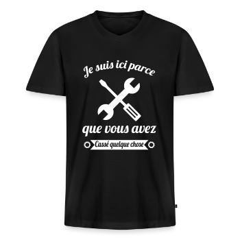 Humour Mécanicien Mécano Mécanique Auto Garagiste - T-shirt encolure en V Premium bio Homme - noir - Devant - Nico (187cm)
