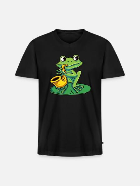 Frosch spielt Saxophon - Männer Premium Bio T-Shirt mit V-Ausschnitt - Schwarz