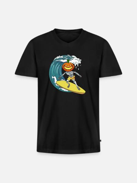 Surfing Skeleton Pumpkin - Men's Premium Organic T-shirt with V-neck - black