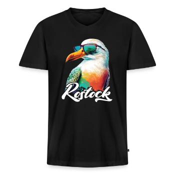 Rostock Urlaub coole bunte Möwe mit Sonnenbrille - Männer Premium Bio T-Shirt mit V-Ausschnitt - Schwarz - Vorne - Nico (187cm)