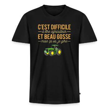 Agriculteur et beau gosse profession métier humour - T-shirt encolure en V Premium bio Homme - noir - Devant - Nico (187cm)