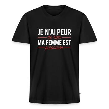 Je n'ai peur de rien ma femme est polonaise couple - T-shirt encolure en V Premium bio Homme - noir - Devant - Nico (187cm)