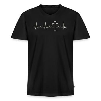 Christian Cross Symbol. Heart. Love. EKG. Pulse. - Men's Premium Organic T-shirt with V-neck - black - Front - Nico (187cm)