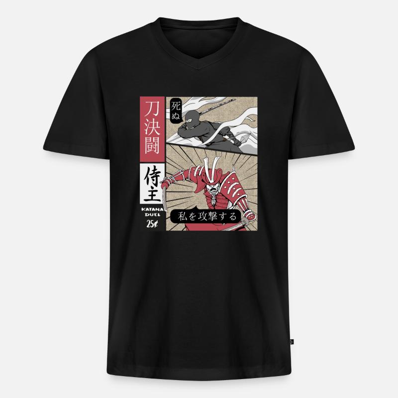 Katana Duell Ninja vs Samurai - Männer Premium Bio T-Shirt mit V-Ausschnitt - Schwarz
