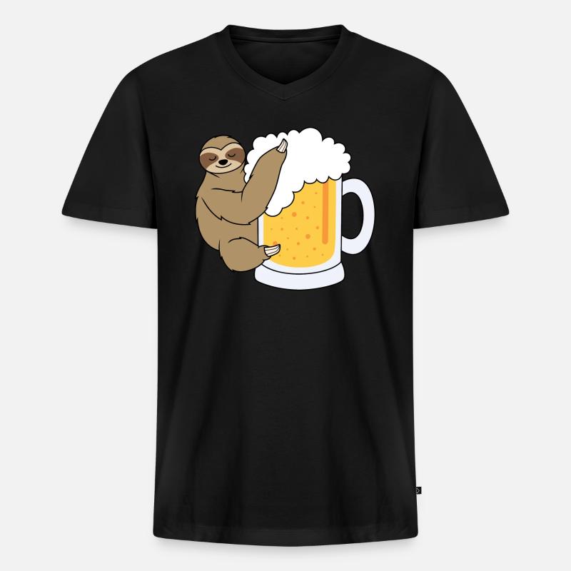 Faultier mit Bier - Männer Premium Bio T-Shirt mit V-Ausschnitt - Schwarz
