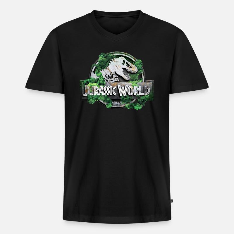 Logo di Jurassic World con T-Rex e alberi - Maglietta ecologica premium da uomo con scollo a V - nero