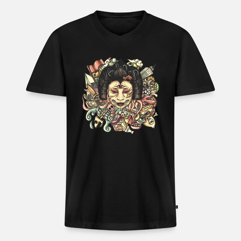 Gueisha Doodle Flat - Männer Premium Bio T-Shirt mit V-Ausschnitt - Schwarz