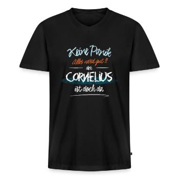 Cornelius - Keine Panik. Alles wird gut - Männer Premium Bio T-Shirt mit V-Ausschnitt - Schwarz - Vorne - Nico (187cm)