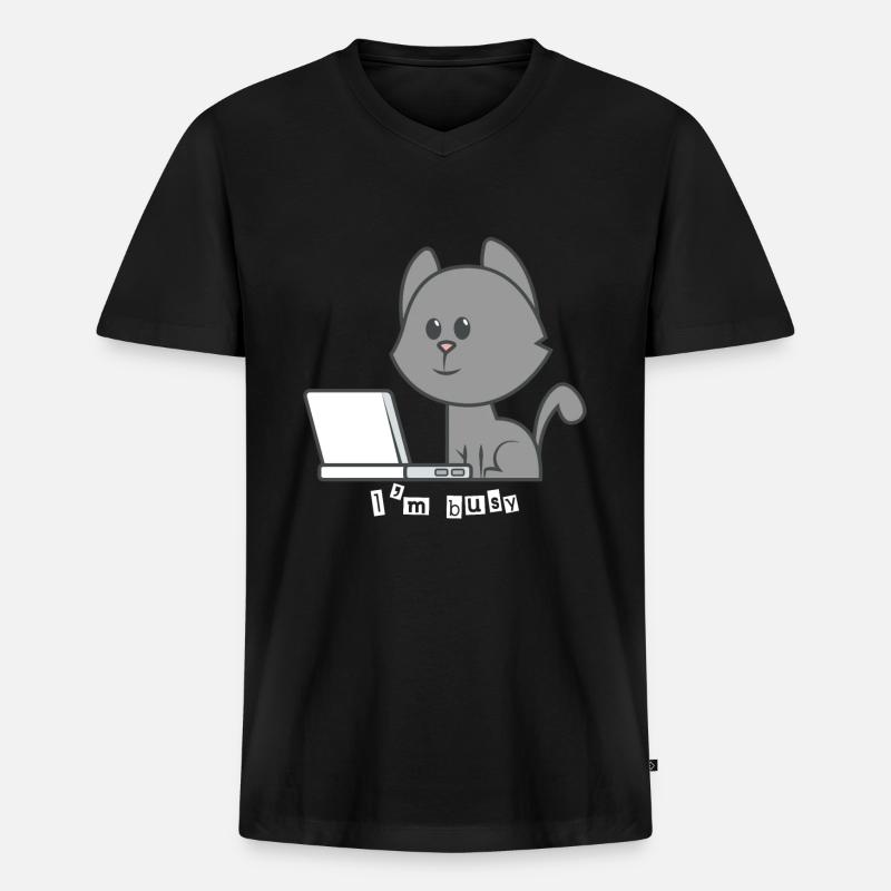 Katze Laptop - Männer Premium Bio T-Shirt mit V-Ausschnitt - Schwarz