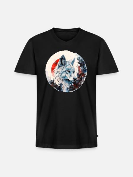 Wolf - Männer Premium Bio T-Shirt mit V-Ausschnitt - Schwarz
