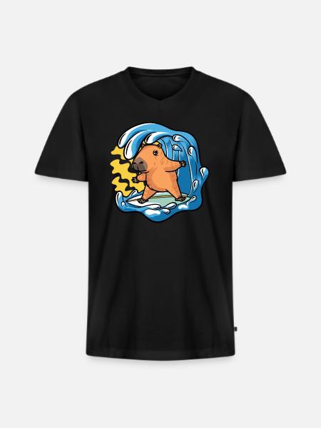 Capybara Rongeur Surfer Surf Vagues - T-shirt encolure en V Premium bio Homme - noir