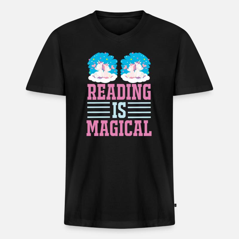 Einhorn Reading Is Magical - Männer Premium Bio T-Shirt mit V-Ausschnitt - Schwarz