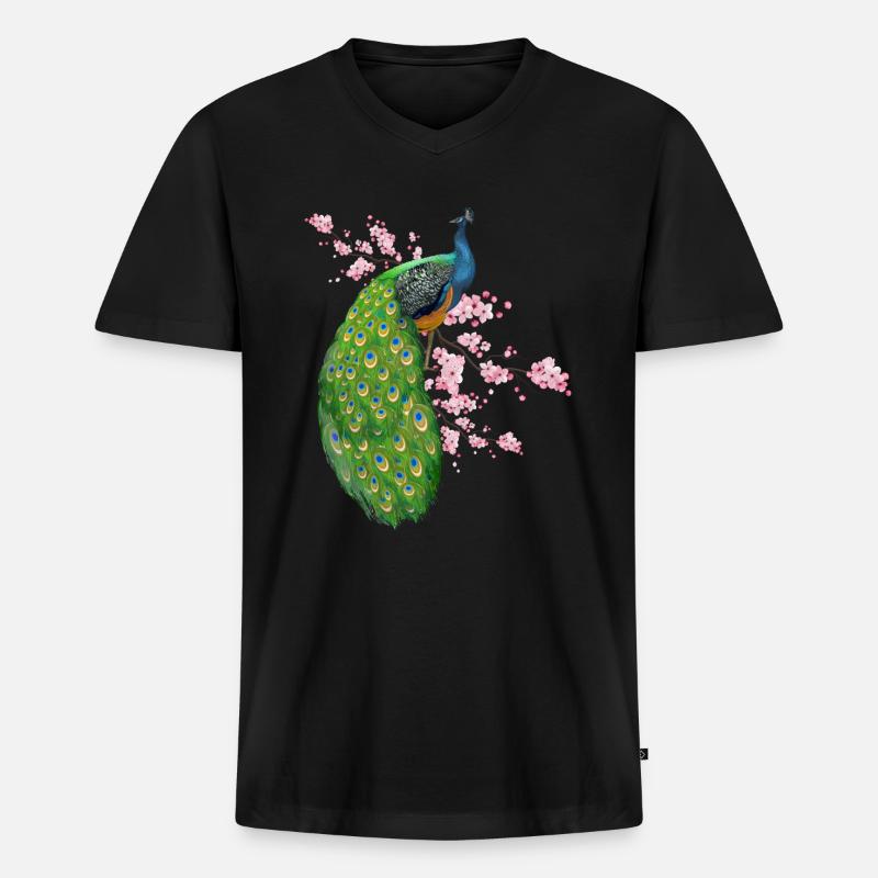Blumen Pfau - Männer Premium Bio T-Shirt mit V-Ausschnitt - Schwarz