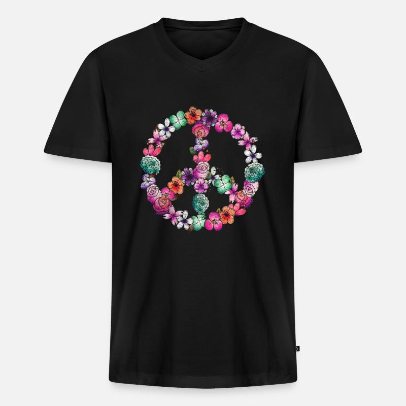 Frieden Blumen - Männer Premium Bio T-Shirt mit V-Ausschnitt - Schwarz
