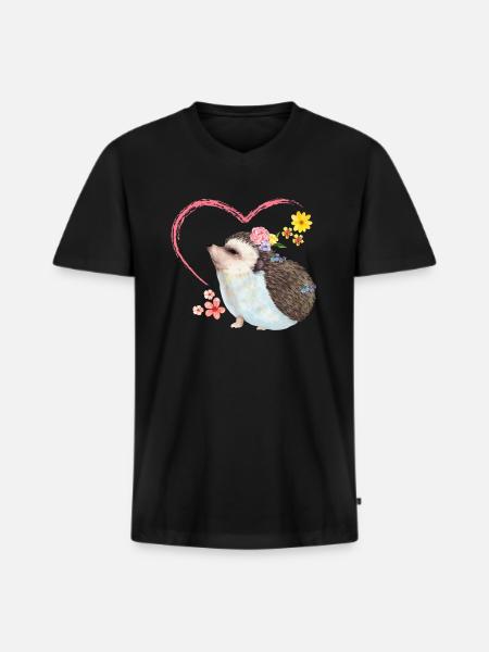 Hedgehog pile of leaves - Men's Premium Organic T-shirt with V-neck - black