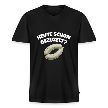 HEUTE SCHON GEZUZELT? FÜR WEISSWURST LIEBHABER - Männer Premium Bio T-Shirt mit V-Ausschnitt - Schwarz - Vorne - Nico (187cm)