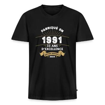 Fabriqué en 1991 33 ans d'excellence originale - T-shirt encolure en V Premium bio Homme - noir - Devant - Nico (187cm)