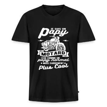 Papy motard moto - T-shirt encolure en V Premium bio Homme - noir - Devant - Nico (187cm)