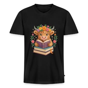 Schottische Hochlandkuh und lustige Lektüre - Männer Premium Bio T-Shirt mit V-Ausschnitt - Schwarz - Vorne - Nico (187cm)