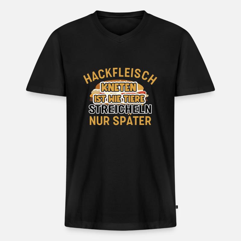 Hackfleisch kneten Tiere streicheln Metzger - Männer Premium Bio T-Shirt mit V-Ausschnitt - Schwarz