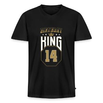 Birthday King 14 Jahre 14. Geburtstag Geschenk - Männer Premium Bio T-Shirt mit V-Ausschnitt - Schwarz - Vorne - Nico (187cm)