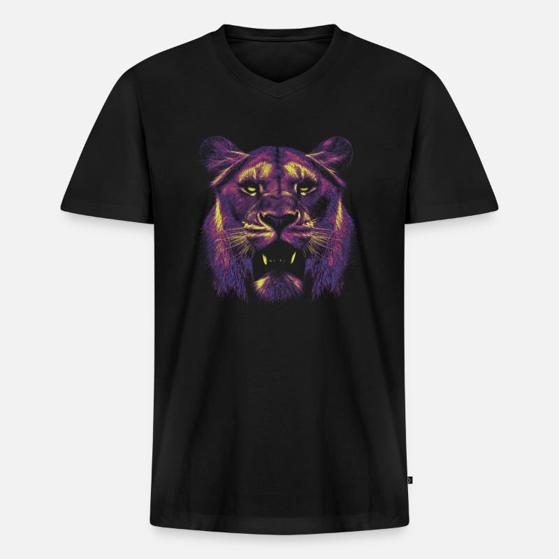 Farbiger Löwinnenkopf - Männer Premium Bio T-Shirt mit V-Ausschnitt - Schwarz