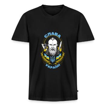 Ukraine Made in Ukraine Слава Україні - ukrainisch - Männer Premium Bio T-Shirt mit V-Ausschnitt - Schwarz - Vorne - Nico (187cm)
