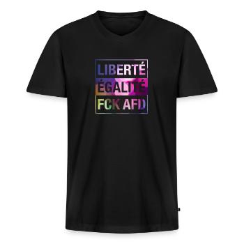 Liberté Égalité FCK AFD Shirt - Männer Premium Bio T-Shirt mit V-Ausschnitt - Schwarz - Vorne - Nico (187cm)