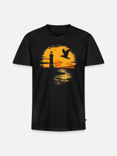 Seagull Seabird Lighthouse Sunset - Men's Premium Organic T-shirt with V-neck - black