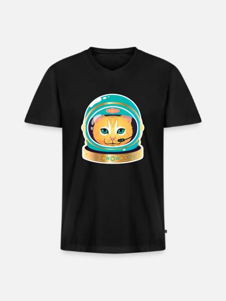 Cosmonaut Cat - Männer Premium Bio T-Shirt mit V-Ausschnitt - Schwarz