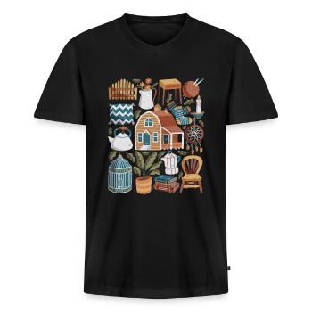 Cottage Maison de Campagne Hygge - T-shirt encolure en V Premium bio Homme - noir - Devant - Nico (187cm)