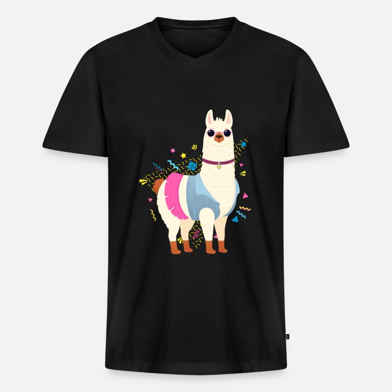 90s Style Llama - Männer Premium Bio T-Shirt mit V-Ausschnitt - Schwarz