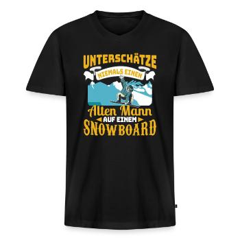 Snowboard Unterschätze niemals einen alten Mann - Männer Premium Bio T-Shirt mit V-Ausschnitt - Schwarz - Vorne - Nico (187cm)