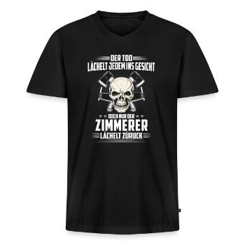 Der Tod lächelt jedem ins Gesicht Zimmerer - Männer Premium Bio T-Shirt mit V-Ausschnitt - Schwarz - Vorne - Nico (187cm)