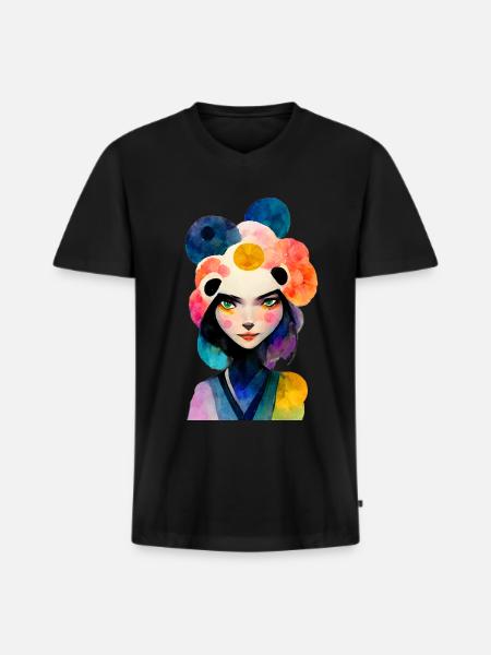 Asian woman in panda look - Men's Premium Organic T-shirt with V-neck - black