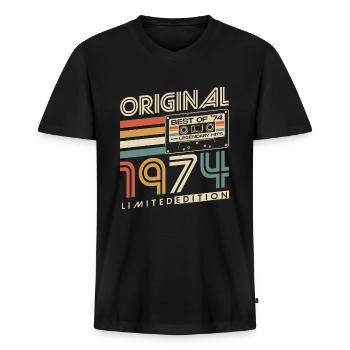 1974 Vintage Born Vintage Rétro Anniversaire - T-shirt encolure en V Premium bio Homme - noir - Devant - Nico (187cm)