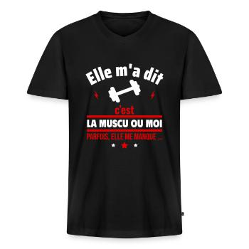 La musculation ou moi,Mucu,Mucles,Humour,Drôles - T-shirt encolure en V Premium bio Homme - noir - Devant - Nico (187cm)