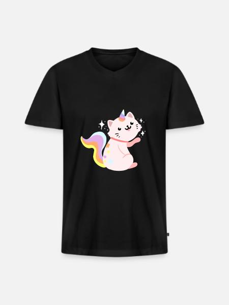 Siddende Caticorn - Funny Caticorn Kat - Premium økologisk T-shirt med V-hals til mænd - sort