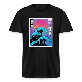 Vaporwave Aesthetic Big Wave Japan Style Art - Männer Premium Bio T-Shirt mit V-Ausschnitt - Schwarz - Vorne - Nico (187cm)