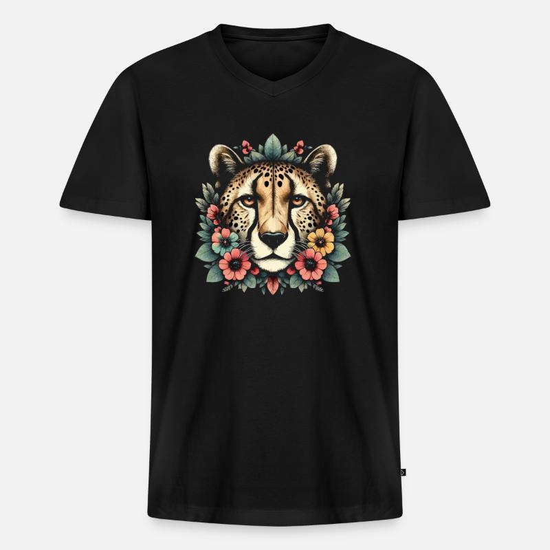 Cheetah Gepard Blumen - Männer Premium Bio T-Shirt mit V-Ausschnitt - Schwarz